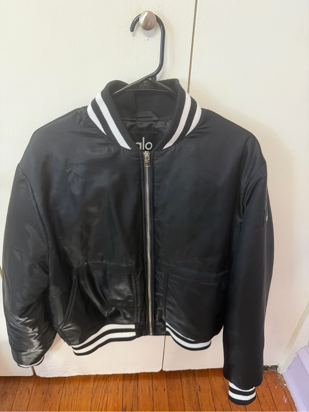 ALO Yoga Black Bomber Jacket with White Striped Trim